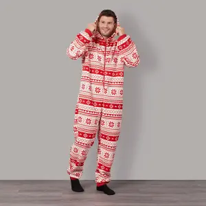 OHS Nordic Onesie Christmas Hooded Loungewear Soft Pyjamas, Red - Small