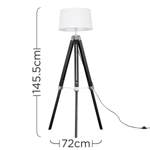 ValueLights Clipper Black Wood and Silver Chrome Tripod Floor Lamp with White Tapered Shade - Complete with 6w LED GLS Bulb