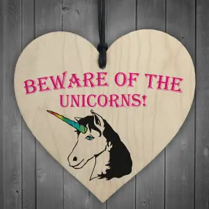 Red Ocean Beware Of The Unicorns Novelty Wooden Hanging Heart Plaque