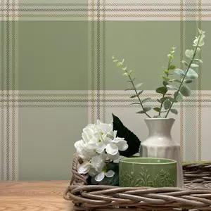 Belgravia Bramble Check Green Wallpaper Metallic Effect Modern Feature Wall