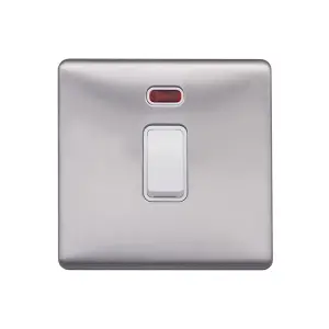 Brushed Chrome Screwless Plate  20A 1 Gang Double Pole Switch & Neon-White Trim - White Trim - SE Home