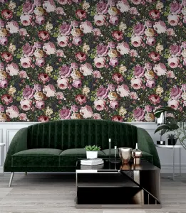 Arthouse Tapestry Floral Charcoal/Pink Wallpaper