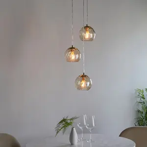 Satin Brass 3 Light Ceiling Pendant Fitting & Campagne Dimpled Glass Shades