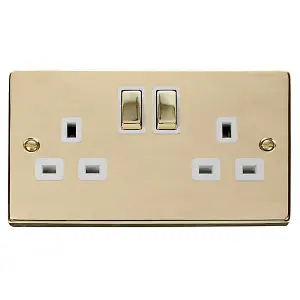 Polished Brass 2 Gang 13A DP Ingot Twin Double Switched Plug Socket - White Trim - SE Home