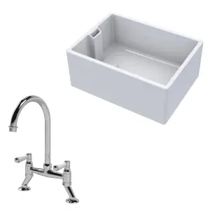 Fireclay Kitchen Bundle - Single Bowl Belfast Sink & Bridge Mixer Tap, 615mm - Chrome - Balterley