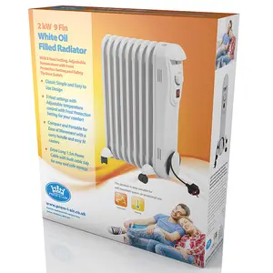 Electric 9 Fin 2kW Oil Filled Radiator - Portable Heater with 3 Heat Settings, Adjustable Thermostat & Overheat Safety Cut Out