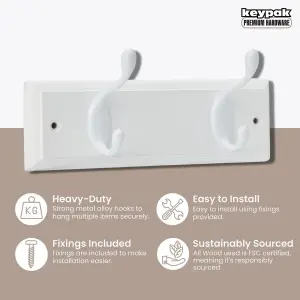 keypak 2-Hook Door Wall Mounted Coat Rack, 22.5cm - White Wooden Board, White Coat Hooks - Fixings Included