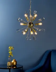 Meldon Satin Brass with Clear K5 Crystal Glass Decorative 9 Light Ceiling Pendant