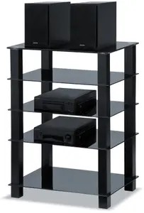 Centurion Supports TRINITY Black 5 Shelf with Black Legs Flat Screen TV Rack Glass Stand