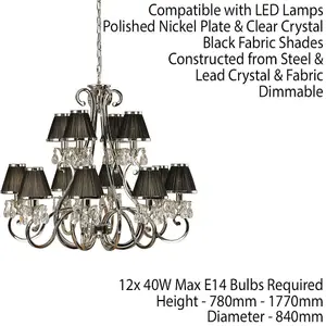 Esher Ceiling Pendant Chandelier Nickel Crystal & Black Shades 12 Lamp Light