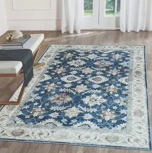 Blue Bordered Floral Rug For Bedroom, & Living Room, 7mm Thick Stain-Resistant Traditional Rug - 60cm X 180cm