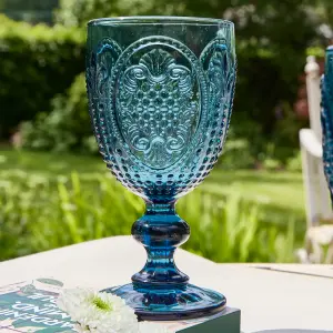 Set of 8 Vintage Luxury Blue Embossed Drinking Wine Glass Wine Goblets 310ml