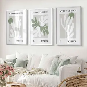 Floral Cut Out Style Set of 3 Wall Art Prints in Green & Beige / 42x59cm (A2) / Black Frame