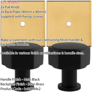 2 PACK - Cabinet Door Knob & Contrasting Backplate Set - Hex Kitchen Pull - Matt Black & Satin Brass