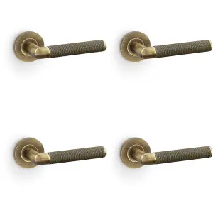 4 PACK - SOLID BRASS Knurled Door Handle Set - Antique Brass Mitred Lever on Round Rose