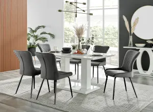 Imperia White High Gloss 6 Seater Dining Table with Structural 2 Plinth Column Legs 6 Dark Grey Velvet Black Leg Nora Chairs