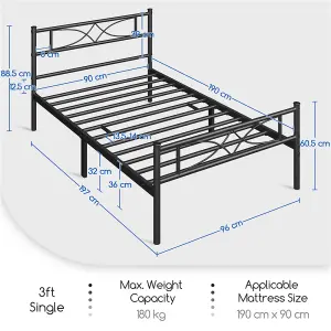 Yaheetech Black 3ft Single Metal Bed Frame with Curved Design Headboard and Footboard