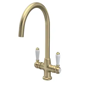 Fireclay Kitchen Bundle - Single Bowl Butler Sink with Tap Ledge, Waste & Mono Lever Tap, 595mm - Brushed Brass - Balterley