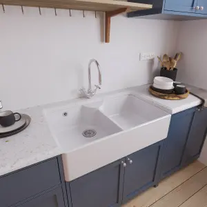 895mm - Double Bowl Fireclay Butler Kitchen Sink - Stepped Weir, Mixer Tap & Wastes