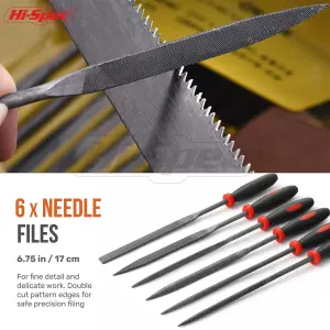 Hi-Spec 6pc Metal Small Needle Hand Mini File Set. Steel Flat, Half, Round & Triangle Sizes for Metal, Wood & Craftwork