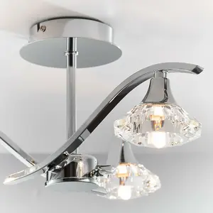 Semi Flush Ceiling Light Chrome Clear Crystal 3 Bulb Hanging Pendant Lamp Shade