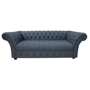 Chesterfield 3 Seater Buttoned Seat Grampian Marine Blue Fabric Sofa In Balmoral Style