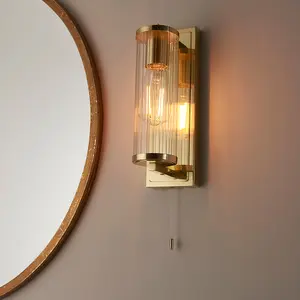 Satin Brass Bathroom Wall Light & Ribbed Cylinder Glass Shade IP44 Rated Fitting