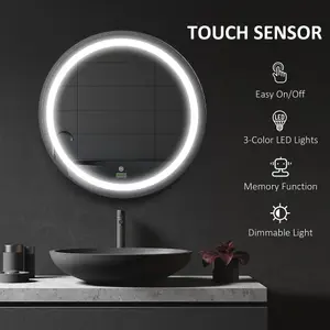 kleankin Wall Mounted Round LED Bathroom Mirror with 3 Light Colours, Black