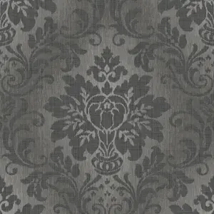 Grandeco Fabric Effect Distressed Damask Wallpaper, Charcoal Grey