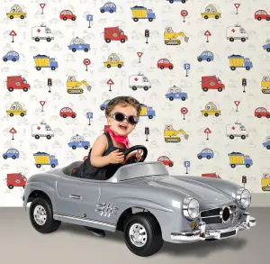 Kids Wallpaper Cars Fire Engine Police Taxi Truck Digger White Metallic Silver