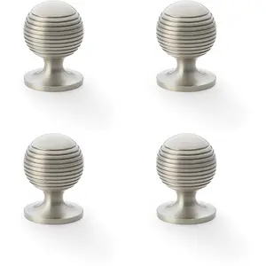 4 PACK - Reeded Ball Door Knob - 32mm Diameter Satin Nickel Lined Cupboard Pull Handle