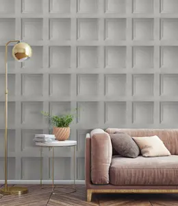 Grey Wooden Panel 3D Effect Realistic Square Panelling Smooth Flat Wallpaper