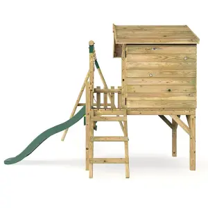 Rebo Orchard 4ft x 4ft Wooden Playhouse with Standard Swing, Baby Swing, 900mm Deck and 6ft Slide - Luna Green