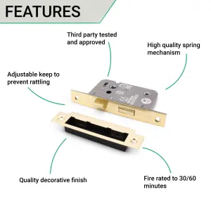 EAI Bathroom Lock 80mm / 57mm Backset PVD BRASS for Internal Wooden Bathrooms Accepts 5mm Square Spindle CE UKCA & Fire Door App