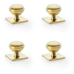 4 PACK - Classic Round Cabinet Door Knob & Matching Backplate - Satin Brass 34mm Handle