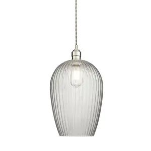 Luminosa Livorno Dome Pendant Ceiling Light Bright Nickel Plate, Clear Ribbed Glass