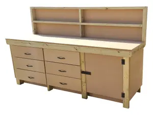 Wooden MDF top workbench, tool cabinet with lockable cupboard (V.3) (H-90cm, D-70cm, L-210cm) with back