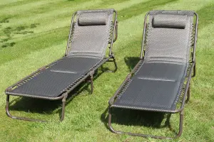 SET OF 2 Luxury Padded Lay Flat Garden Sun Loungers in Brown Tweed Weatherproof Textoline