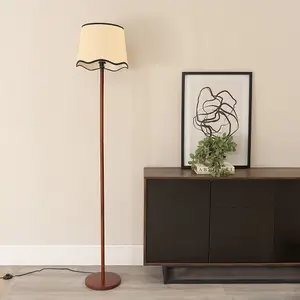 ValueLights Heather Dark Wood Single Stem Floor Lamp with Scallop Black Trim Tapered Shade