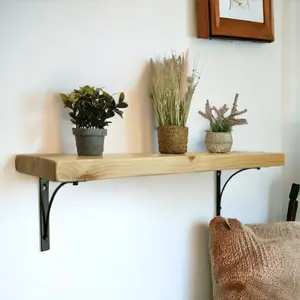 Solid Wood Handmade Rustical Shelf Primed 225mm 9 inch with Black Metal Bracket BOW Length of 190cm