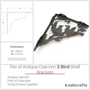 Oakcrafts - Pair of Antique Cast Iron Decorative 2 Bird Shelf Brackets - 180mm x 210mm