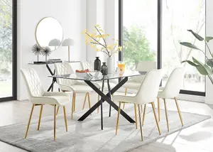 Furniturebox UK Leonardo Black Leg Glass Dining Table & 6 Cream Pesaro Gold Leg Chairs