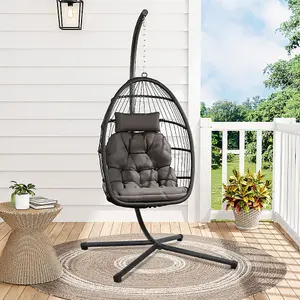 Outdoor Garden 195cm H Hanging Chair with Stand and Cushion in Grey