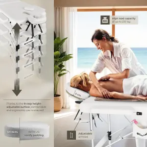 Massage Table Phuket - 3 zones, 70 cm wide, aluminium frame, carry bag & masks - white