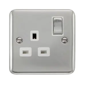 Curved Polished Chrome 1 Gang 13A DP Ingot Switched Plug Socket - White Trim - SE Home