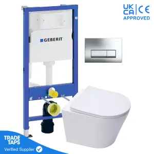 White Wall Hung Toilet Pan with Geberit Concealed Cistern Frame 112cm & Delta50 Gloss Chrome Flush Plate