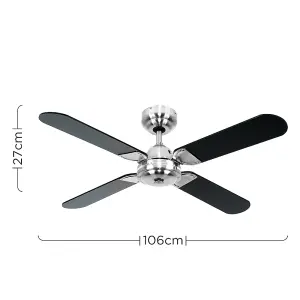 ValueLights 42" Metal Brushed Chrome Propeller Ceiling Fan With 4 Black Blades And Remote Control