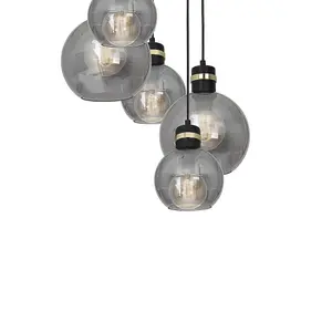 Milagro Omega Black/Gold Pendant Lamp 5XE27 With Elegant Smoked Glass Spheres Quality Matt Black Fittings With Gold Detail