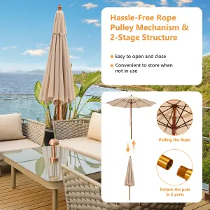 Costway 2.8M Pulley Lift Round Patio Umbrella Outdoor Garden Market Parasol Beige