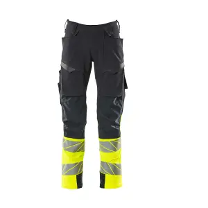 Mascot Accelerate Safe Trousers with Kneepad Pockets - Dark Navy/Hi-Vis Yellow   (31.5) (Leg Length - Regular)